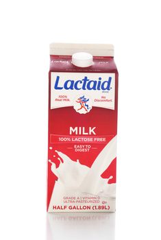 IRVINE, CALIFORNIA - NOVEMBER 16, 2016: A half gallon carton of Lactaid Lactose Free Milk. Lactaid makes a full line of lactose free dairy products that can be enjoyed without stomach discomfort.