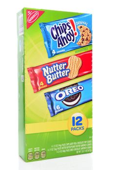 IRVINE, CALIFORNIA - AUGUST 23, 2019: A 12 pack box of assorted cookies in individual snack packs, Oreo, Chips Ahoy and Nutter Butter.  