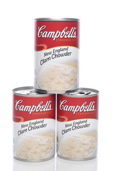 IRVINE, CALIFORNIA - 8 APRIL 2020:  Three Cans of Campbells New England Clam Chowder.