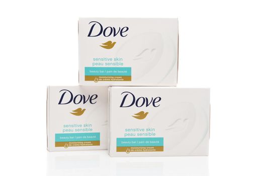 IRVINE, CALIFORNIA - AUGUST 20, 2019: Three boxes of Dove Beauty Bar with moisturizing cream for sensitive skin. 