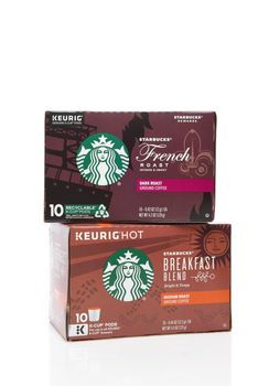 IRVINE, CALIFORNIA - 03 DEC 2019: Two boxes of Keurig K-Cup Coffee pods, with Starbucks flavors French Roast and Breakfast Blend.