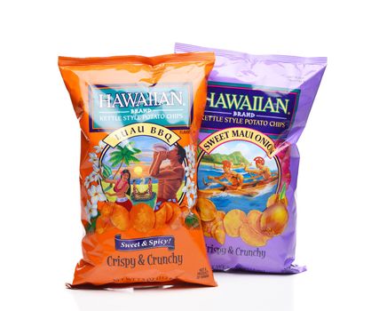 IRVINE, CALIFORNIA - 25 MAY 2020: Two bags of Hawaiian Brand Kettle Style Potato Chips, Luau BBQ and Sweet Maui Onion.