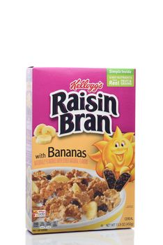 IRVINE, CALIFORNIA - 8 APRIL 2020: A box of Kellogg’s Raisin Bran with Bananas cereal. 