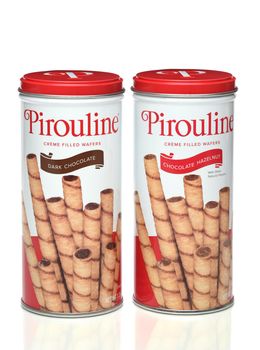 IRVINE, CALIFORNIA - 16 MARCH 2020: Two cans of  Pirouline Creme Filled Wafers, Dark Chocolate and Chocolate Hazelnut. 