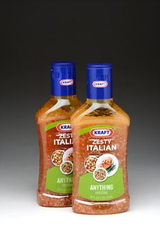 IRVINE, CA - January 11, 2013: Two 16oz. bottles of Kraft Zesty Italian Anything Dressing. Kraft Foods has 27 brands with sales in excess of $100 million annually.
