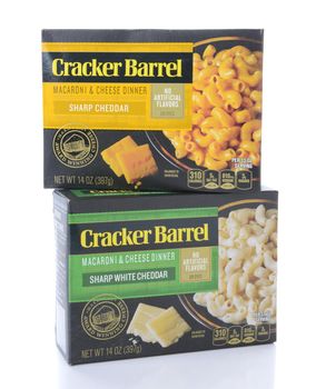 IRVINE, CA - AUGUST 15, 2016: Cracker Barrel Macaroni and Cheese. Two boxes of the boxed meal from the Kraft Heinz Company.