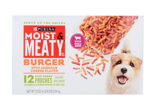 IRVINE, CA - February 06, 2014: A box of Purina Moist and Meaty Dog Food. A subsidiary of Nestle since 2001, Purina has been a leading manufacturer of pet food and animal health products since 1894.