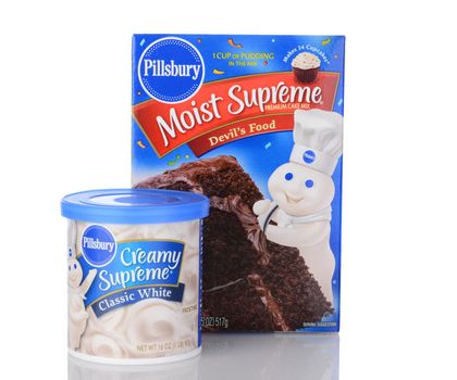 IRVINE, CA - January 05, 2014: Pillsbury Moist Supreme Devils Food Cake Mix and White Frosting. Pillsbury founded in 1872 by Charles Alfred Pillsbury, is now owned by the J.M. Smucker Company.