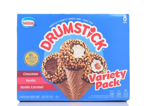 IRVINE, CALIFORNIA - 28 MAY 2021: An 8 pack Variety Pack box of Drumstick brand Ice Cream Novelty from Nestle.