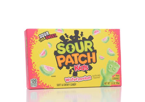 IRVINE, CALIFORNIA - 28 MAY 2021: A box of Sour Patch Kids Watermelon candy.