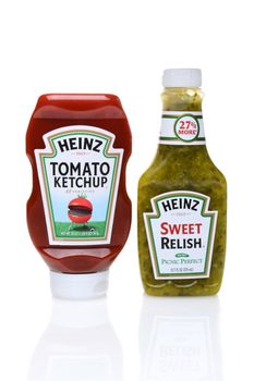 IRVINE, CA - SEPTEMBER 08, 2014: Bottles of Heinz Ketchup and Relish.  The H. J. Heinz Company manufactures thousands of food products is sold in over 200 countries.