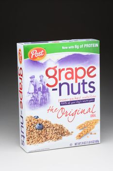 IRVINE, CA - January 11, 2013: A 24 ounce box of Post Grape-Nuts. Developed in 1897 by C. W. Post, the cereal contains neither grapes nor nuts; it is made with wheat and barley. 