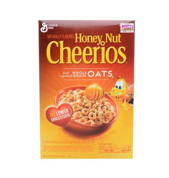 IRVINE, CA - FEBRUARY 19, 2015: Honey Nut Cheerios. Introduced in 1979 by General Mills it is a slightly sweeter version of the original Cheerios breakfast cereal.