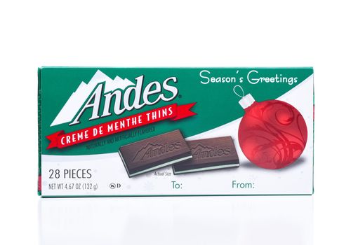 IRVINE, CALIFORNIA - DEC 4, 2018: A box of Andes Creme De Menthe Thins for the holidays with Seasons Greetings and room for a message. 