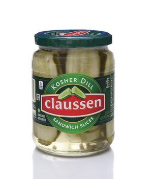 IRVINE, CA - NOVEMBER 8, 2017: Claussen Kosher Dill Sandwich Slices. Unlike other brands, Claussen pickles are uncooked, and found in the refrigerated section.