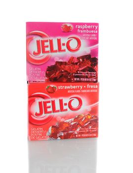 IRVINE, CA - January 21, 2013: 2 Boxes of Jell-O Dessert, Raspberry and Strawberry flavors.  Jell-O a brand of Kraft Foods produces a variety of gelatin desserts and puddings.