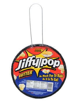 IRVINE, CA - DECEMBER 12, 2013: A package of Jiffy Pop Popcorn. Jiffy Pop combines popcorn kernels, oil, and flavoring with a heavy-gauge expandable aluminum foil pan and a light-gauge aluminum foil cover.