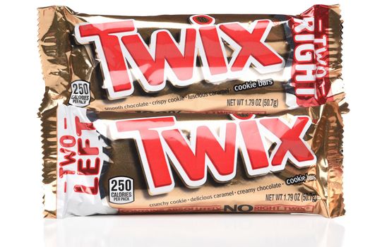 IRVINE, CALIFORNIA - 6 OCT 2020:  Two packages of Twix, Candy Bars, one Right Twix and one Left Twix.