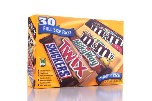 IRVINE, CALIFORNIA - OCTOBER 12, 2018: A 30 count box of assorted full size candy bars from Mars Chocolate. 