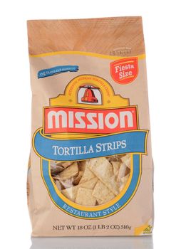 IRVINE, CA - January 05, 2014: An 18 ounce bag of Mission Tortilla Strips. Mission Foods has a range of tortilla products ranging from the traditional corn and flour tortillas to whole wheat varieties.