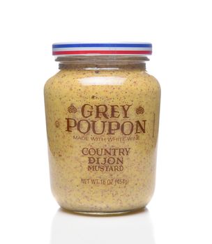 IRVINE, CALIFORNIA - APRIL 5, 2018: A jar of Grey Poupon Dijon mustard. The brand originated in Dijon, France and is currently owned by Kraft Heinz.