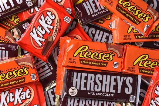 IRVINE, CALIFORNIA - OCTOBER 27, 2017: A variety of Hersheys Candy Bars. The full size candy bars are a favorite at Halloween. 