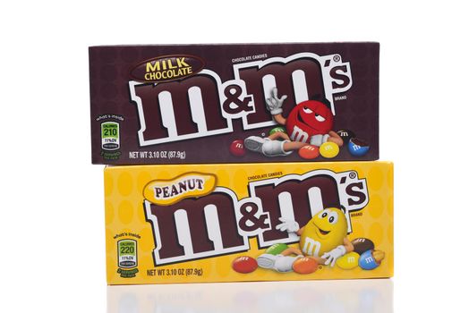 IRVINE, CALIFORNIA - JANUARY 5, 2018: M and Ms Peanut and Milk Chocolate. Two boxes of the popular candy coated choclate confection.  