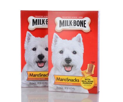 IRVINE, CA - January 05, 2014: Two 15 oz boxes of Milk Bone MaroSnacks. Milk-Bone, a division of Del Monte Foods, has been making dog snacks for over 100 years.