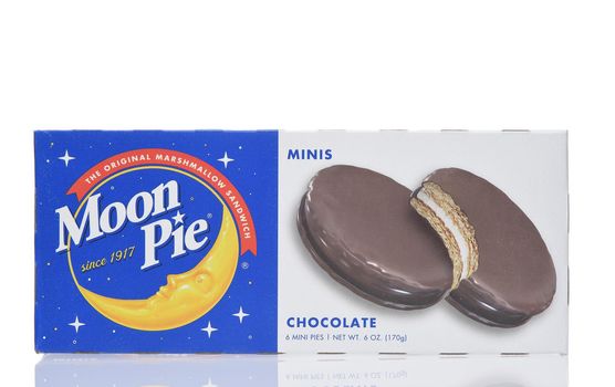 IRVINE, CALIFORNIA - 26 JUNE 2021: A box of Moon Pie Minis confections, two round graham cracker cookies, marshmallow filling center, dipped in a chocolate flavored coating.  
