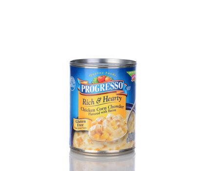IRVINE, CA - January 05, 2014: A can of Progresso Rich & Hearty Chicken Corn Chowder. Progresso, owned by General Mills has been making soups for over 90 years.