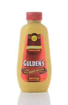 IRVINE, CA - JUNE 2, 2015: A bottle of Gulden's Spicy Brown Mustard. Guldens' is the oldest continuously operating mustard brand in the United States.