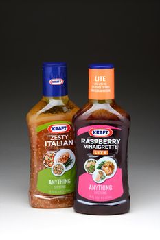 IRVINE, CA - January 11, 2013: Two 16oz. bottles of Kraft Anything Dressing, Raspberry Vinaigrette and Zesty Italian. Kraft Foods has 27 brands with sales in excess of $100 million annually.