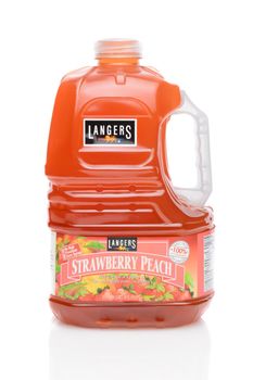 IRVINE, CA - SEPTEMBER 12, 2014: A bottle of Langer's Strawberry Peach Juice. The family owned company has been making fruit juices since 1960 in the City of Industry, CA.