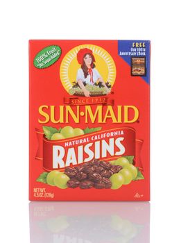 IRVINE, CA - February 06, 2013: A box of Sun-Maid Raisins. Sun-Maid Growers of California is a privately owned American cooperative of raisin growers headquartered in Kingsburg, California. In 2012, Sun-Maid celebrated its 100th Anniversary as a grower cooperative.