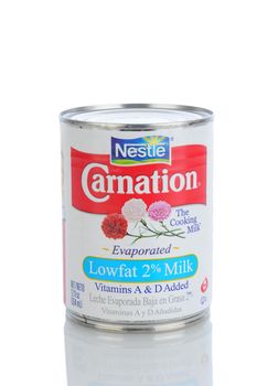IRVINE, CA - January 11, 2013: A 12 oz. can of Carnation Evaporated Milk. The brand is mainly known for its evaporated milk product created in 1899, then called Carnation Sterilized Cream.