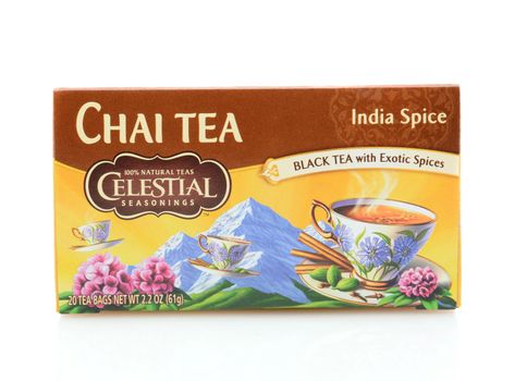 IRVINE, CA - SEPTEMBER 08, 2014: A box of Celestial Seasonings Chai Tea. Based in Boulder, Colorado, specializing in herbal teas (infusions), but also sell green, white, chai, and black teas. 