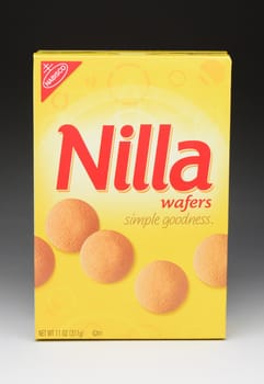 IRVINE, CA - July 8, 2013: A 11 ounce box of Nabisco Nilla Wafers. Nilla is a brand name owned by Nabisco since 1968, associated with its line of vanilla flavored, wafer-style cookies. 