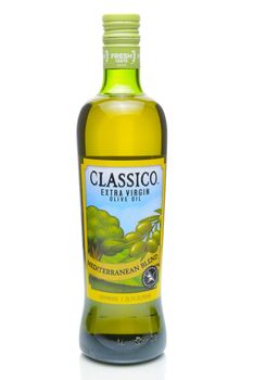 IRVINE, CA - JANUARY 4, 2018: Classico Mediterranean Blend Extra Virgin Olive Oil. The oil is a blend of green and ripe olives.