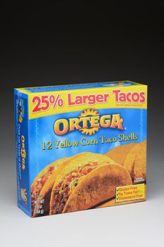 IRVINE, CA - January 21, 2013: A 12 count box of Ortega Taco Yellow Corn Shells. The Shells are made with 100% whole kernel corn.