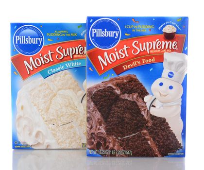 IRVINE, CA - January 05, 2014: Two Boxes of Pillsbury Moist Supreme Cake Mix. One box of White Cake Mix and a box of Devils Food. 