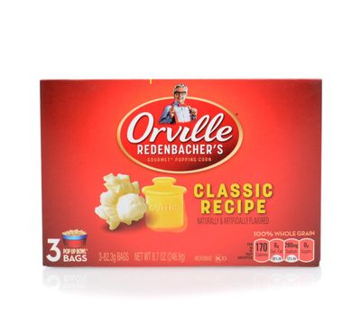 IRVINE, CA - JUNE 23, 2014: A box of Orville Redenbacher Microwave Popcorn. The brand launched in 1970 features the likeness of founder and spokesman Orville Clarence Redenbacher.