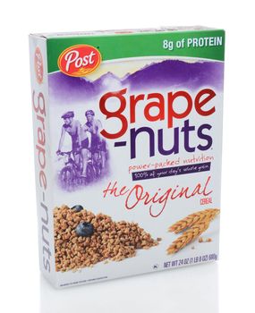 IRVINE, CA - DECEMBER 12, 2013: A 24 ounce box of Post Grape-Nuts. Developed in 1897 by C. W. Post, the cereal is made with wheat and barley and does not contain grapes or nuts.