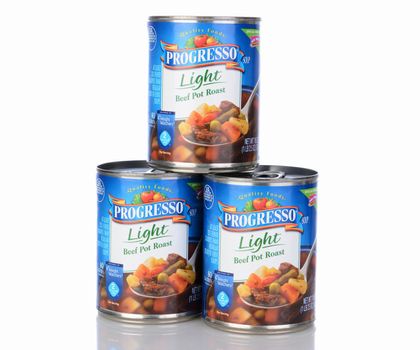 IRVINE, CA - January 05, 2014: Three cans of Progresso Light Beef Pot Roast Soup. Progresso, owned by General Mills has been making soups for over 90 years.