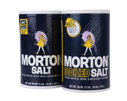 IRVINE, CA - February 06, 2013: Two Boxes of Morton Salt, one Regular and one Iodized. Based in Chicago, Morton is North America's leading producer of salt.