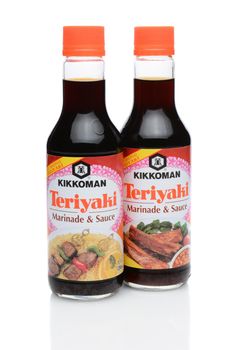 IRVINE, CA - DECEMBER 29, 2014: Two 10 ounce bottles of Kikkoman Teriyaki Marinade and Sauce. Since 1961 Kikkoman has been a leader with their teriyaki flavored blend of soy sauce and spices.