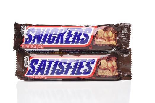 IRVINE, CALIFORNIA - 6 OCT 2020: Two Snickers Candy Bars from Mars, one says Snickers the other label reads Satisfies.