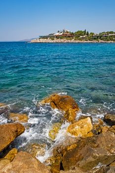 Kusadasi,Aydin,Turkey- July 25,2021.The view from Pinebay holiday village and resort in Kusadasi, in the sea and nature and summer sesason.