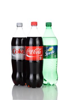 IRVINE, CA - March 31, 2014: Photo of three 42 ounce bottles of Coca-Cola products. Three of Cokes most popular products are Coca-Cola Classic, Diet Coke and Sprite.