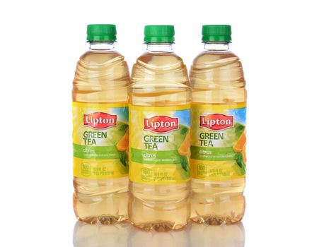 IRVINE, CA - January 05, 2014: Three 500ml bottles of Lipton Green Tea with Citrus. Iced tea makes up about 85% of all tea consumed in the United States.