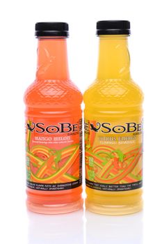 IRVINE, CA - May 14, 2014: Bottles of SoBe Citrus Energy and Mango Melon SoBe Citrus Energy and Mango Melon. The name SoBe is an abbreviation of South Beach, named after the upscale area of Miami Beach, Fl.